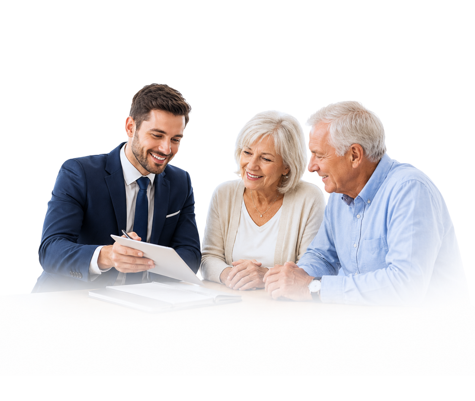 Insurance agent at a desk helping a senior couple choose a Medicare plan
